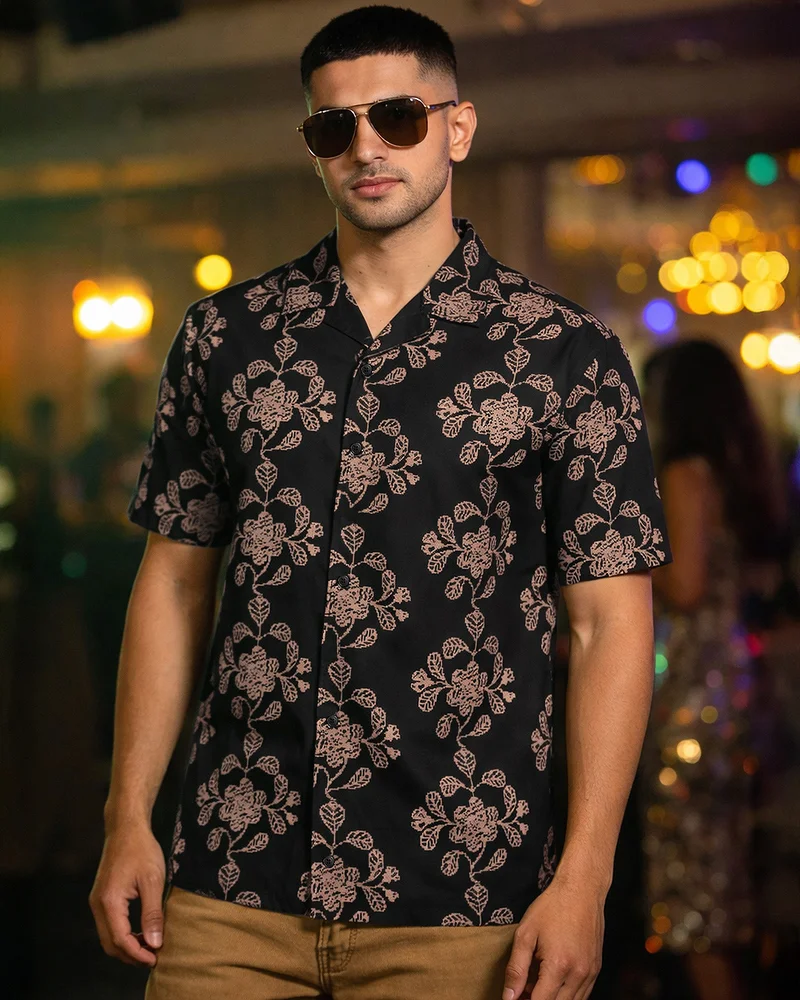 bewakoof Men's Black All Over Printed Oversized Shirt